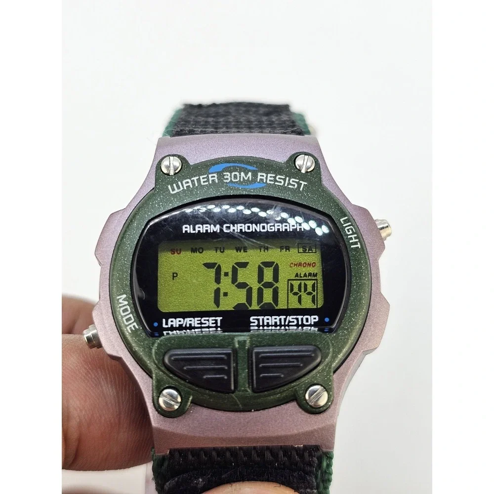 Men's Sports Digital Watch 40MM Green Black Nylon Band Light Chrono New Battery